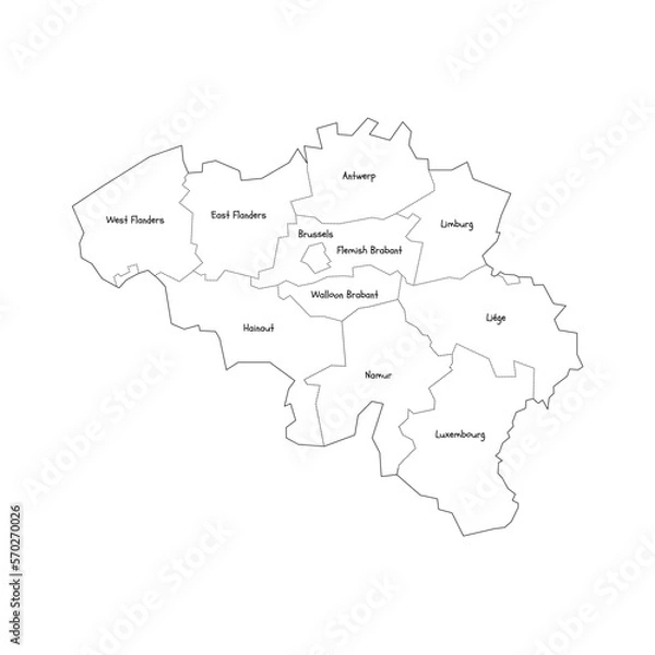 Fototapeta Belgium political map of administrative divisions - provinces. Handdrawn doodle style map with black outline borders and name labels.