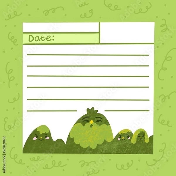Fototapeta a green page with an image of mountains and hills for your notes, plans and reminders.. You can use it at school, at university and at work.