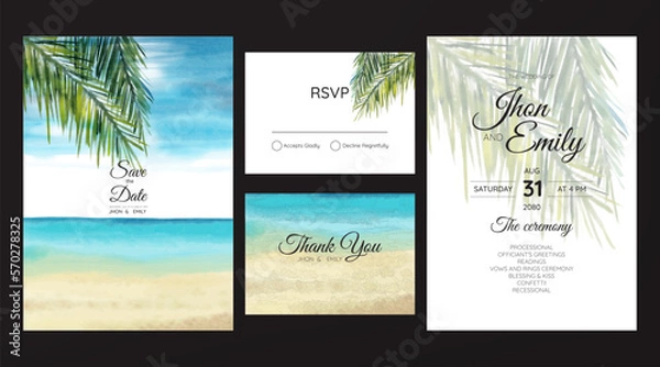 Fototapeta wedding cards, invitation. Save the date sea style design. Romantic beach wedding summer background