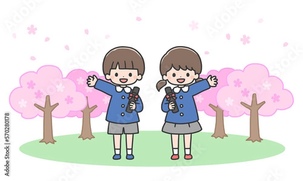 Fototapeta 卒園式　桜の前に並んで立つ男の子と女の子
