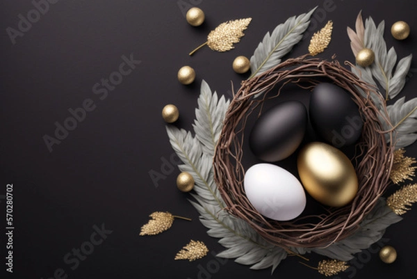 Fototapeta Elegant stylish Easter background. Nest with gold and black decor. Template for Design. Mock Up. AI generated.