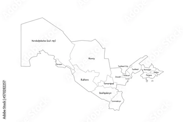 Fototapeta Uzbekistan political map of administrative divisions - regions, autonomous republic of Karakalpakstan and independent city of Tashkent. Handdrawn doodle style map with black outline borders and name