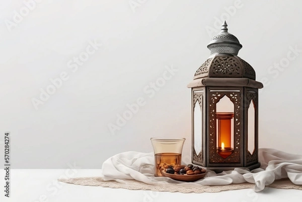 Fototapeta Islamic lantern with flower and tea on white background. Ramadan kareem concept. Generative AI.