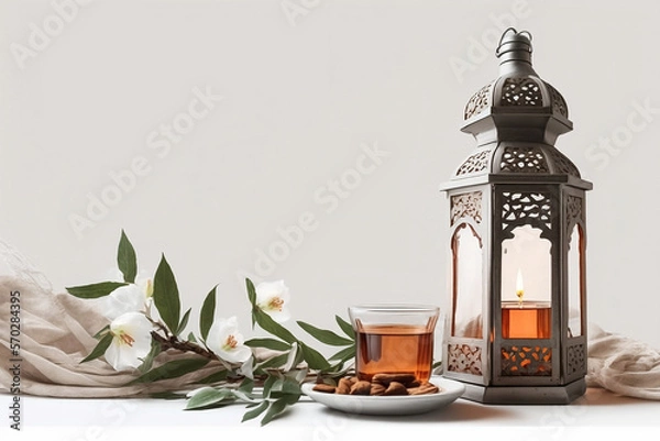 Fototapeta Islamic lantern with flower and tea on white background. Ramadan kareem concept. Generative AI.