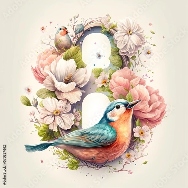 Obraz Eight of march template with glossy number eight made of realistic beautiful flowers with leaves and abstract florals with birds on white background