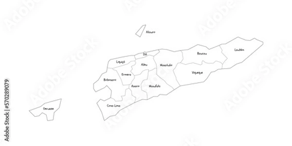 Fototapeta East Timor political map of administrative divisions - municipalities and Special Administrative Region Oecusse-Ambeno. Handdrawn doodle style map with black outline borders and name labels.