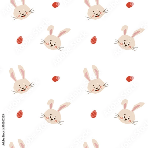 Fototapeta A seamless pattern of cute bunnies and Easter eggs. Festive pattern for fabric, wrapping paper, childrens clothing. Vector illustration.