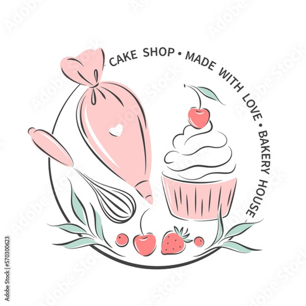 Fototapeta Cake shop logo. Set of tools for making cakes, cookies and pastries. Vector illustration for menu, recipe book, baking shop, cafe.