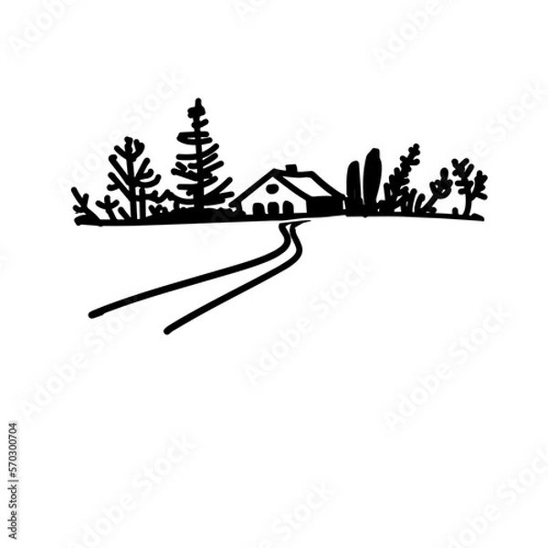 Obraz Winter rural landscape. A hand-drawn graphic sketch. Vector illustration