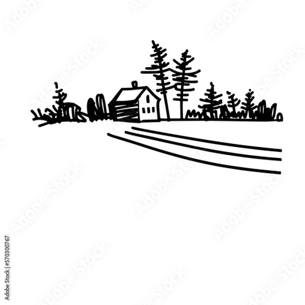 Obraz Winter rural landscape. A hand-drawn graphic sketch. Vector illustration