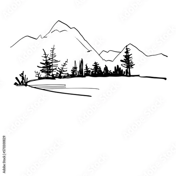 Obraz Winter landscape with mountains. A sketch drawn in ink by hand. Vector illustration
