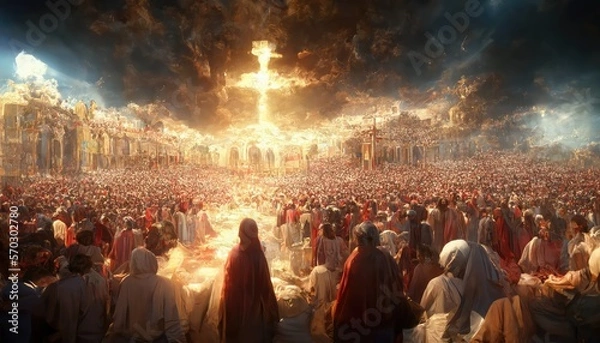Fototapeta Judgement day. The return of Jesus Christ, New Testament,  Hell and Heaven concept. Illustration. Generative AI