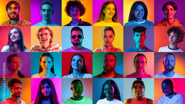 Fototapeta Human emotions. Collage of ethnically diverse people, men and women expressing different emotions over multicolored background. Team, job fair, ad concept