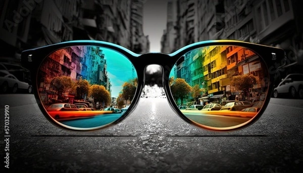 Fototapeta illustration of an sun glasses on street with colorful can be seen through glasses, idea for another perspective or thought, Generative Ai