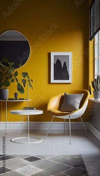 Fototapeta Contemporary nordic home entry hall with polished concrete floors, Scandinavian design, generative ai, with dark and moody yellow color, stylish indoors luxury decorative entryway
