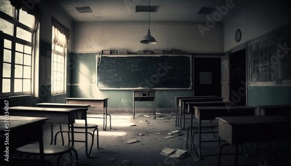 Obraz Classroom in an abandoned school with a blackboard in the background generative ai