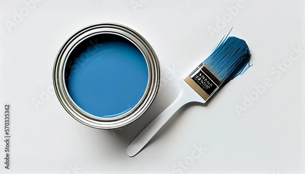 Fototapeta Blauer Farbtopf mit Pinsel isoliert auf weißen Hintergrund mit Platzhalter. Wandfarbe zum Renovieren - Generative Ai