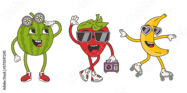 Obraz Groovy style fruit set vector illustration