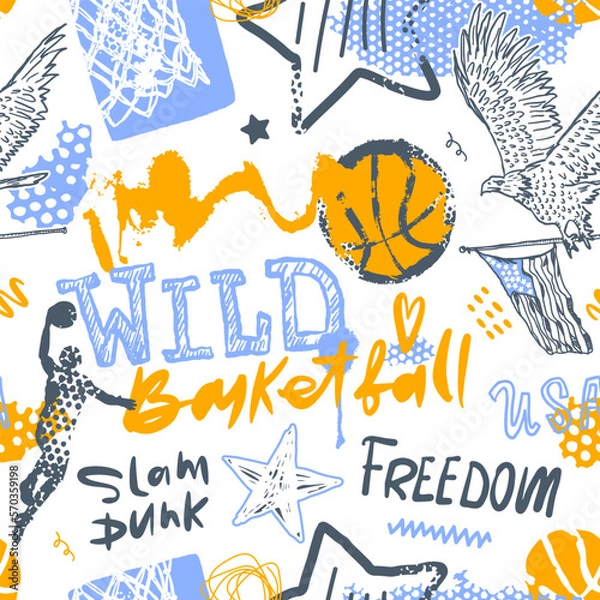 Fototapeta Seamless pattern with basketballs, american eagle, flag, doodles and text. Sports background with for cover design, jerseys, wrapping paper, grunge style.