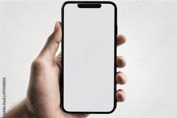 Fototapeta Hand Holding iPhone Mockup with Modern Frameless Design on a White Background - Smartphone PNG Image for App Design