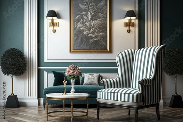 Fototapeta Interior of modern living room with striped accent coffee table and classical patterned armchair, empty wall. Home design - created with AI