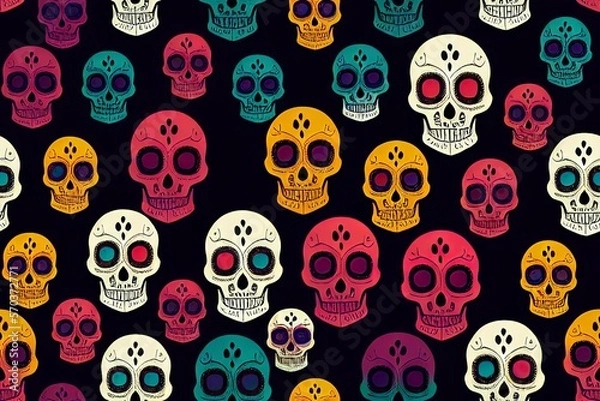 Fototapeta seamless pattern Mexican calavera sugar skulls, colorful, generative ai