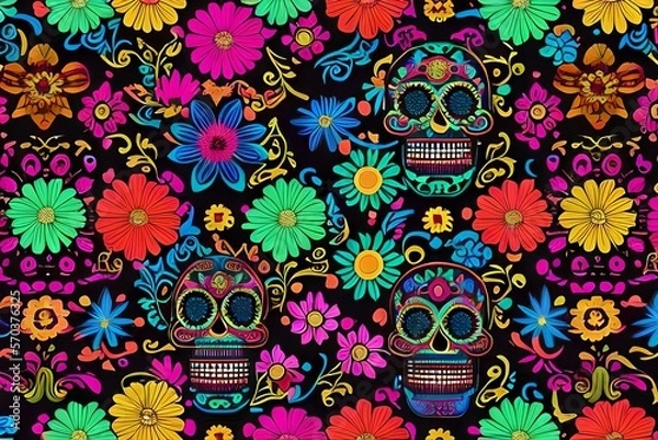 Obraz Seamless pattern with Sugar Skulls and Flowers, Colorful background, Generative AI