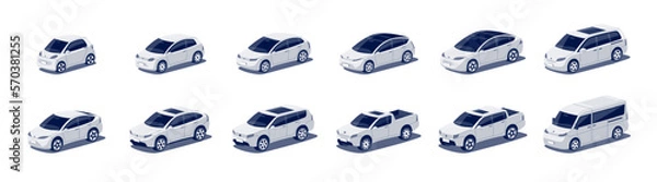 Fototapeta Modern passenger cars body types fleet. Micro mini, small, hatchback, business vehicle, sedan family car, crossover, cuv, suv, pickup, minivan, van. Isolated vector object icons on white background.