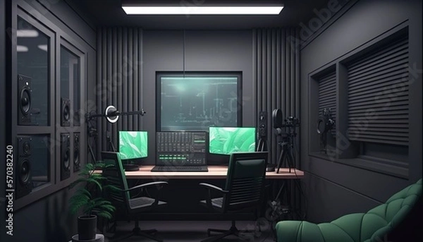 Fototapeta Modern Podcast studio with monitors, Microphones, table ,chairs, Generative AI