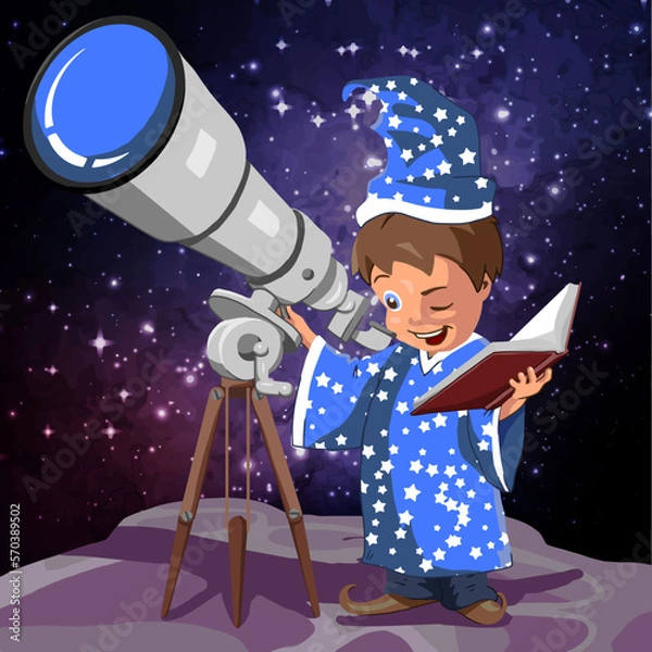Fototapeta little astronomer boy with a book looks through a telescope at the starry sky