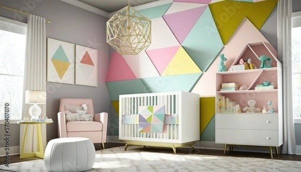 Fototapeta  a baby's room decorated in pastel colors with a crib and a rocking chair in front of the crib and a large window.  generative ai