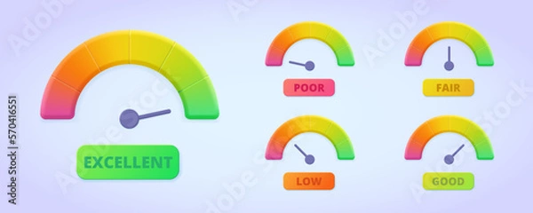 Fototapeta Credit rating icon collection. Poor, low, fair, normal, good, excellent credit score concept. 3d vector illustration set for web site, banner, landing page, print. Performance scale.