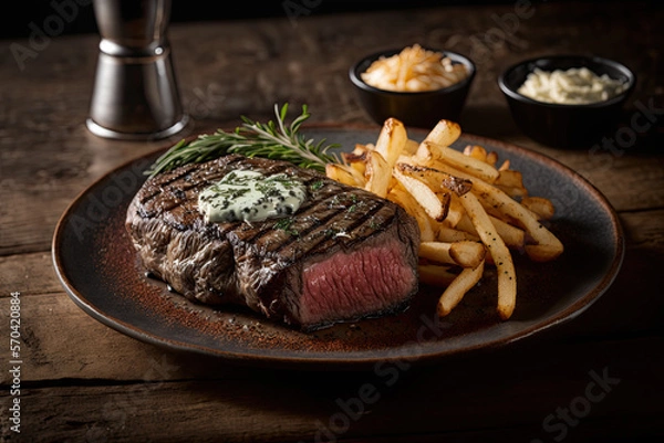 Fototapeta Gourmet steak with cream fraiche and french fries on a plate, restaurant menu image, upscale dining, ai generated