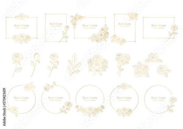 Fototapeta 薔薇の花の装飾フレーム, デザイン要素としてのイラスト素材セット, 薔薇の花の挿絵, 白背景に金色の線画.