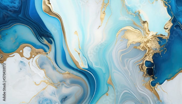 Fototapeta Blue marble texture with gold splashes, liquid paint art	