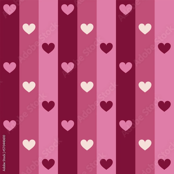 Fototapeta Hearts and doodle style vertical stripes seamless vector pattern. Violet, lilac, purple colors. Valentine day cute simple background. Hearts and uneven bars, streaks, parallel lines endless texture.