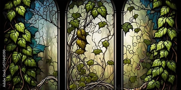 Fototapeta Stained glass window green ivy background created with AI