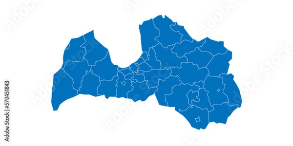 Fototapeta Latvia political map of administrative divisions - municipalities and cities. Solid blue blank vector map with white borders.