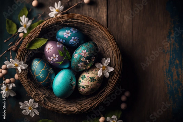 Fototapeta colorful easter nest with easter eggs, generative ai