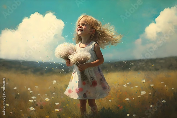 Fototapeta Bliss and beauty, a small child or kid, blonde little girl, enjoying life in nature, holding white flowers and color all around, the definition of pure happiness and innocence, green summer field