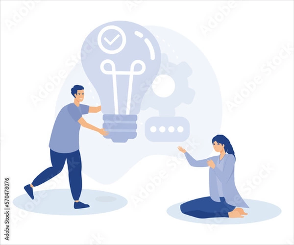 Fototapeta Creative characters and their business activity. People connecting puzzle pieces, generating new ideas, analyzing corporate data. flat vector modern illustration