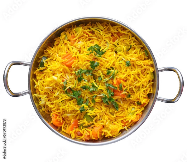 Fototapeta Indian vegetable biryani in balti dish shot from topview and isolated