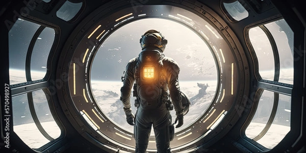 Fototapeta Cosmic Adventure: A Man in a Spacesuit Gazing at a Distant Planet through a Spaceship Window Generative AI