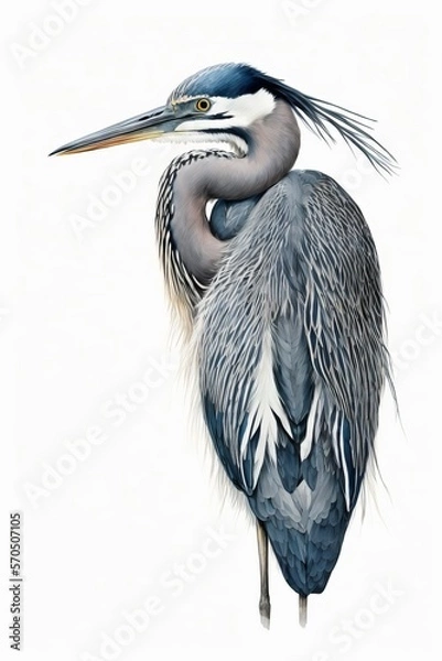 Fototapeta Minimalist Watercolor Illustration of a Great Blue Heron in Water, Isolated on White, Made in Part with Generative AI
