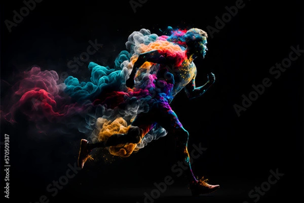 Fototapeta Male run in abstract multi color paint explosion on black background. Freeze motion male athlete running through paint cloud. Paint clouds with person silhouette on black background, Generative AI