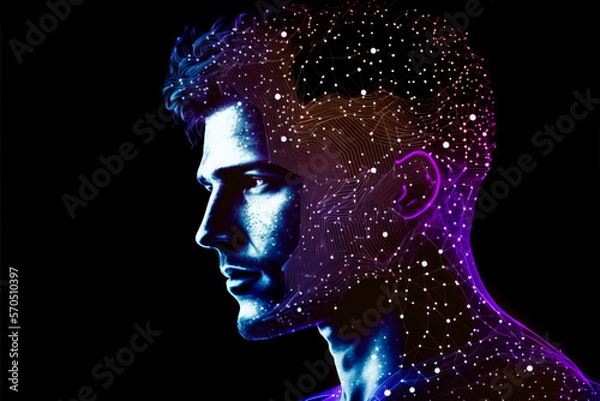 Obraz Digital human. New era human concept. Cyber male portrait. Male face made from colorful dots, planes, meshes and lines, Generative AI. AI personalisation concept.