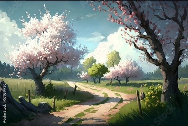 Obraz Flowering Trees & Open Road, Generative AI, Desktop, Wallpaper, 16:9 Ratio