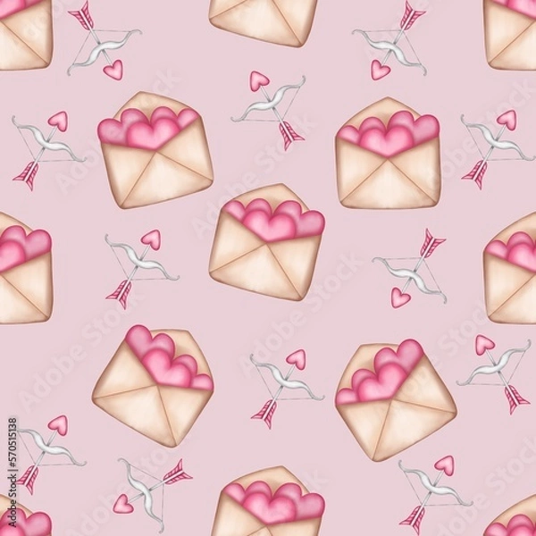 Fototapeta Envelope and archer seamless pattern. Valentine’s Day digital paper with love letter and archer isolated on pink background.
