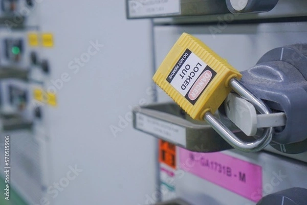 Obraz Lockout Tagout , Electrical safety system.Key lock switch or circuit breaker for safety protect.in electric room	