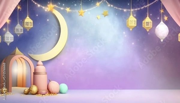Fototapeta Ramadan Greeting Banner with Colorfull purple Background created by Generative AI